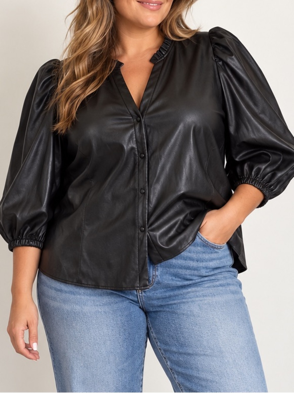 Marc New York Andrew Marc Faux Leather Puff Sleeve Blouse Black 3X